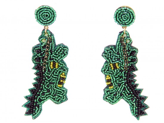 Green Seed Bead Alligator Dangle Hook Earrings