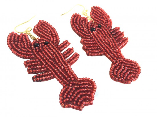 Red Seed Bead Crawfish Dangle Hook Earrings