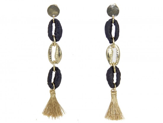 Black Gold Cord Loop Tassel Post Earrings