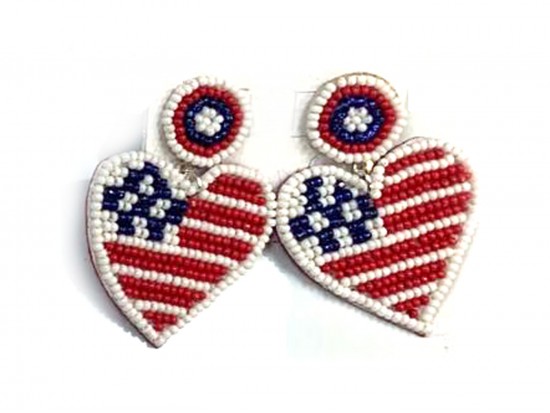 USA Flag Heart Seed Bead Hook Earrings