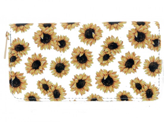 White Yellow Sunflower Zipper Wallet