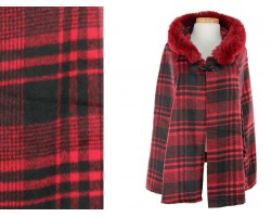 Red Black Plaid Fur Hood Poncho