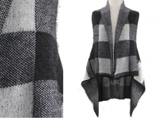 Gray Plaid Pattern Sleeveless Cardigan