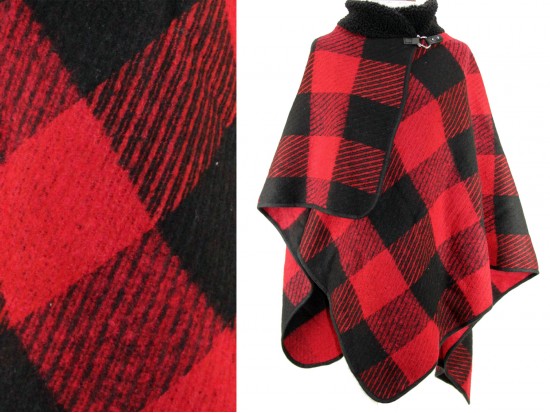 Red Black Plaid Buckle Poncho