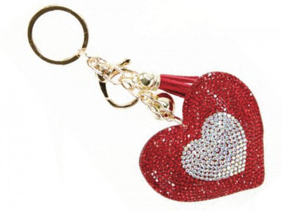 Red Double Heart Crystal Tassel Puffy Keychain
