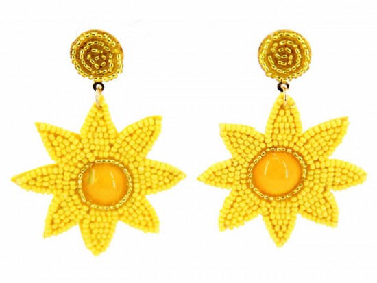 Yellow Seed Bead Sun Dangle Post Earrings