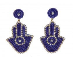 Blue Seed Bead Hand Dangle Post Earrings