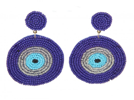 Blue Seed Bead Evil Eye Dangle Post Earrings