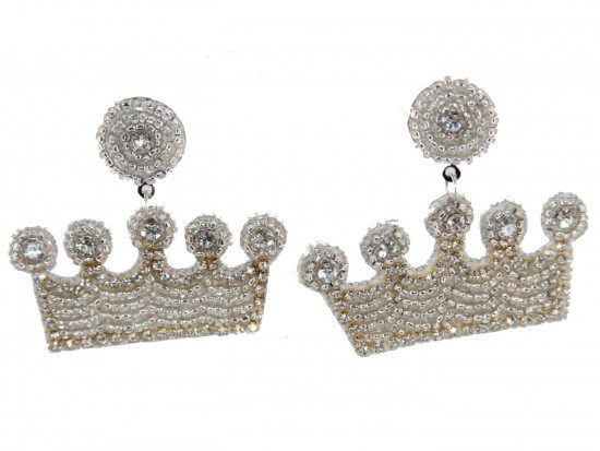 White Seed Bead Crown Dangle Post Earrings