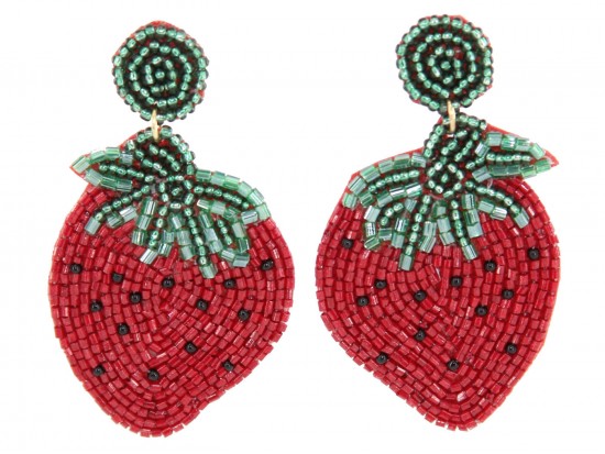 Red Seed Bead Strawberry Dangle Post Earrings