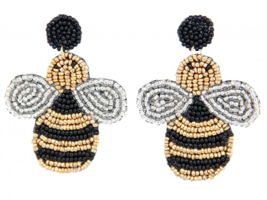 Yellow Seed Bead Bee Dangle Post Earrings