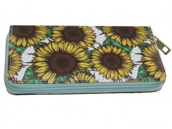 White Yellow Sunflower Zipper Wallet
