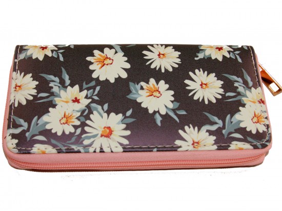 Black Daisy Flowers Zipper Wallet