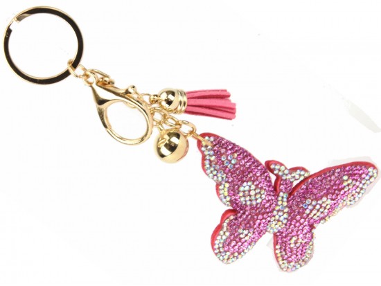 Pink Crystal Butterfly Tassel Puff Key Chain
