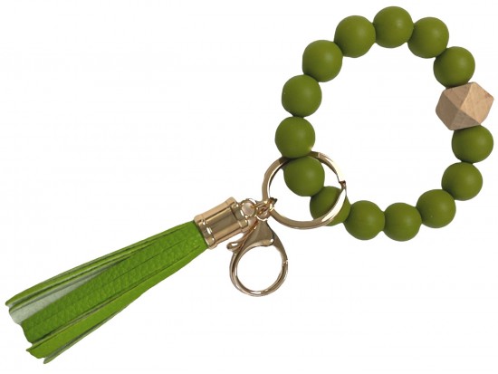 Green Silicone Wood Tassel Bracelet Keychain