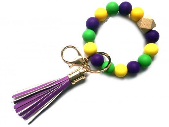 Mardi Gras Silicone Wood Tassel Bracelet Keychain