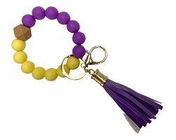 Purple Yellow Silicone Wood Tassel Bracelet Keychain