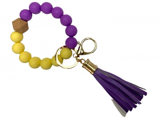 Purple Yellow Silicone Wood Tassel Bracelet Keychain