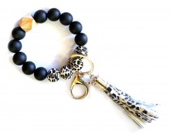 Brown Leopard Silicone Wood Tassel Bracelet Keychain