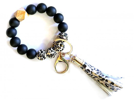 Brown Leopard Silicone Wood Tassel Bracelet Keychain