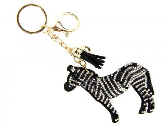 Black White Crystal Zebra Tassel Puffy Key Chain Black White Crystal Zebra Tassel Puffy Key Chain