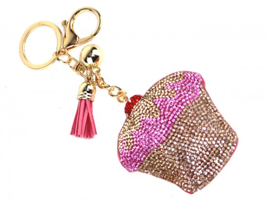 Pink Crystal Cupcake Tassel Puffy Key Chain