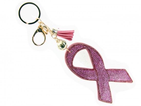Pink Crystal Cancer Ribbon Tassel Puffy Key Chain