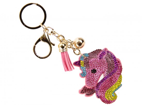 Multi Crystal Rainbow Unicorn Tassel Puffy Key Chain