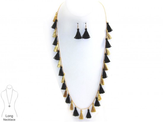 Black Gold Tassel Long Necklace Set