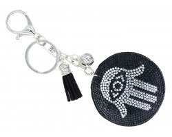 Black Crystal Evil Eye Hamsa Hand Tassel Puff Keychain