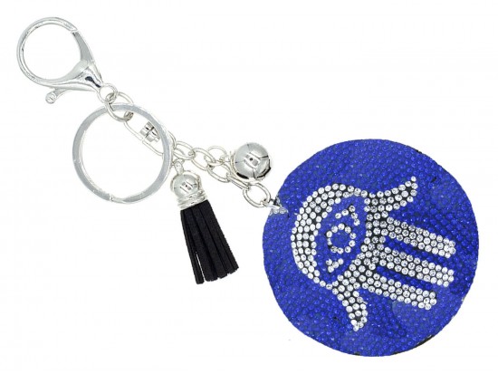 Blue Crystal Evil Eye Hamsa Hand Tassel Puff Keychain