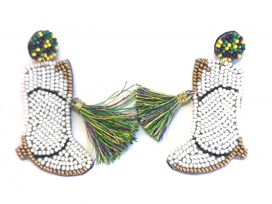 Mardi Gras White Seed Bead Boots Post Earrings