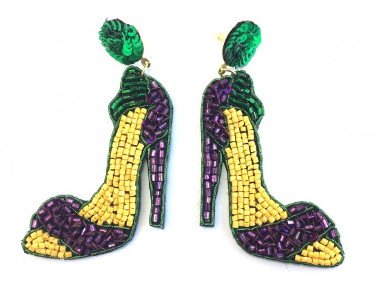 Mardi Gras Seed Bead High Heal Shoe Post Earrings
