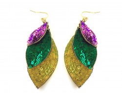 Mardi Gras Sequin Layered Leaves Hook Earrings