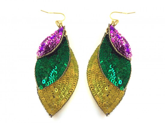 Mardi Gras Sequin Layered Leaves Hook Earrings