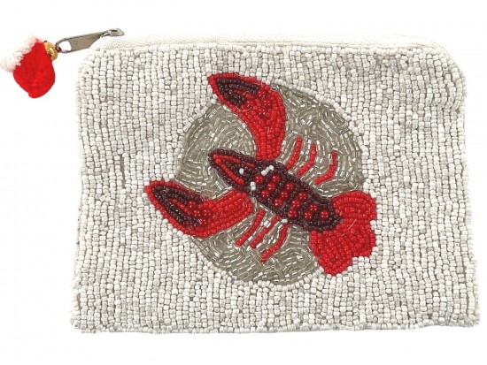Red Crawfish White Seed Bead Accessory Zip Bag Red Crawfish White Seed Bead Accessory Zip Bag