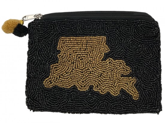 Black Gold Louisiana State Map Seed Bead Zip Bag
