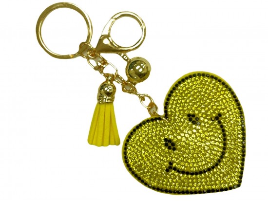 Yellow Crystal Heart Smiley Face Emoji Puffy Keychain