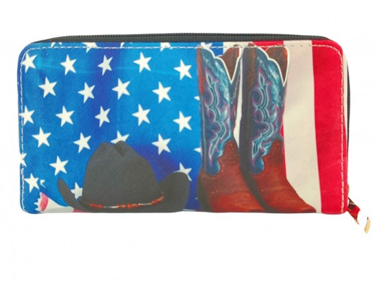 USA Flag Western Boots Zipper Wallet