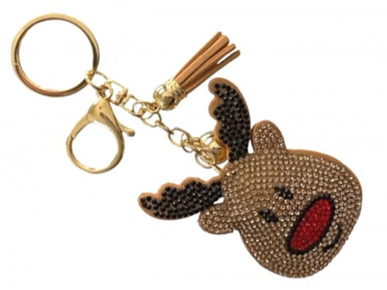 Brown Crystal Rudolph Reindeer Puffy Key Chain