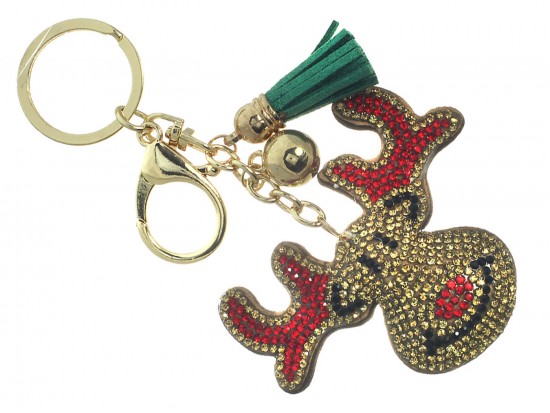 Brown Crystal Rudolph Reindeer Puffy Key Chain