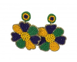 Mardi Gras Seed Bead Flower Dangle Post Earrings