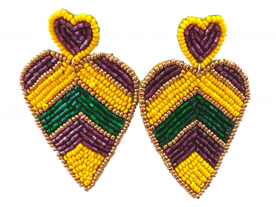 Mardi Gras Seed Bead Heart Dangle Post Earrings
