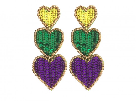 Mardi Gras Sequin Seed Bead 3 Heart Post Earrings