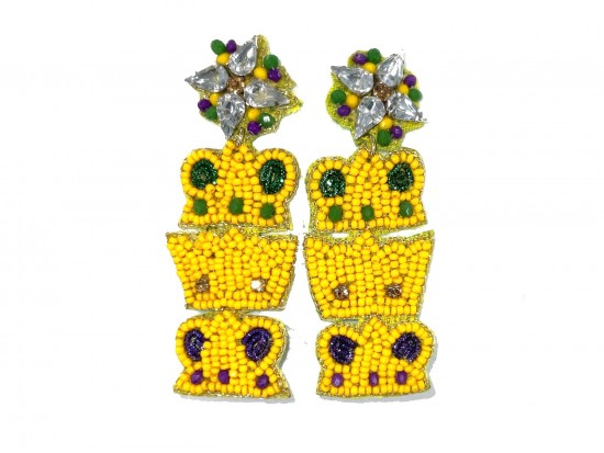 Mardi Gras Seed Bead 3 Crowns Post Earrings