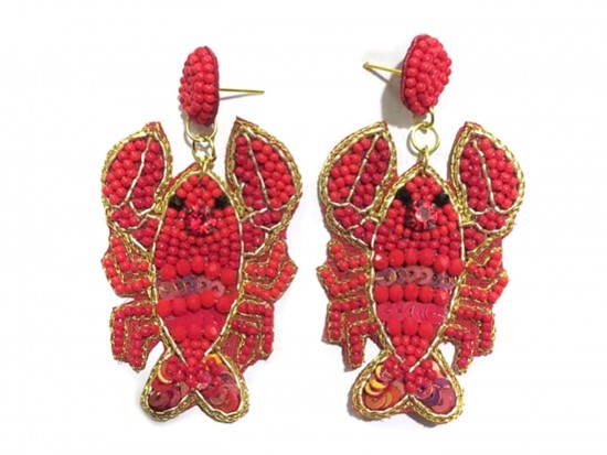 Red Seed Bead Crawfish Dangle Post Earrings