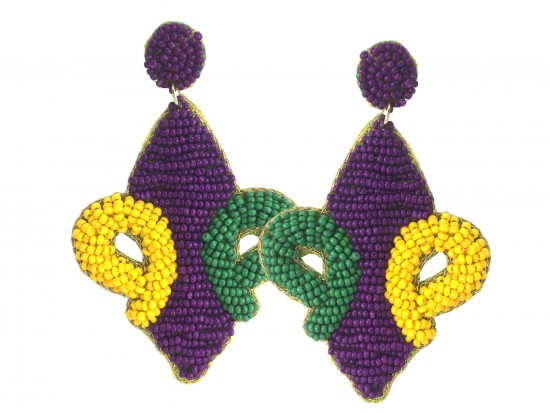 Mardi Gras Seed Bead Fleur De Lis Dangle Post Earrings