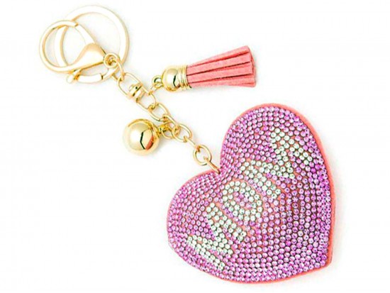 Pink Crystal MOM Heart Puffy Keychain