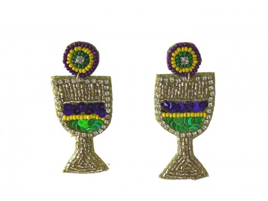 Mardi Gras Wineglass Seed Bead Dangle Post Earrings