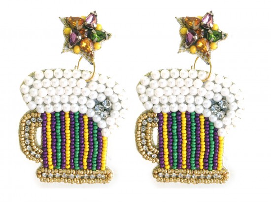 Mardi Gras Seed Bead Beer Mug Post Earrings